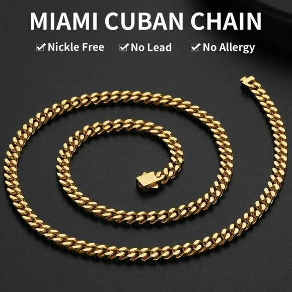 Gold/18K 5 mm width Plated Miami Cuban Chain Necklace | Stainless Steel Men - Picture 2 of 7